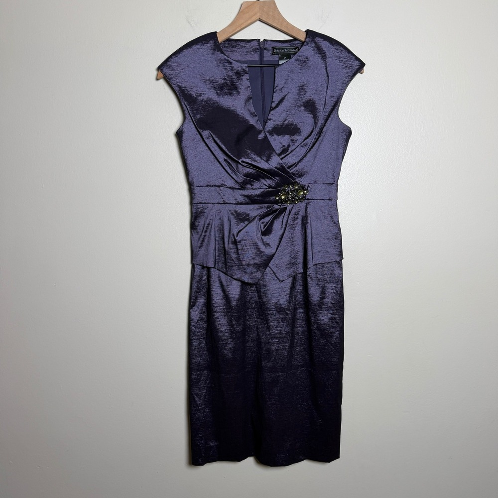 Jessica Howard Womens Dress 4P Purple Faux Wrap Peplum Beaded Brooch Shimmer
